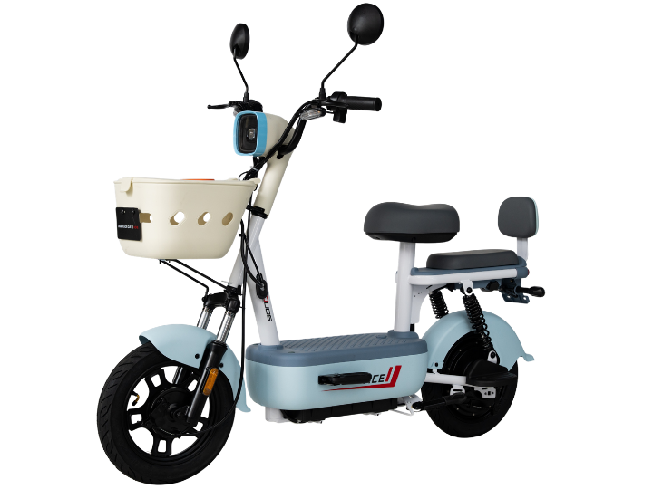 Scooter elétrica Duos Ace 500W na cor azul, com cesta dianteira e banco duplo