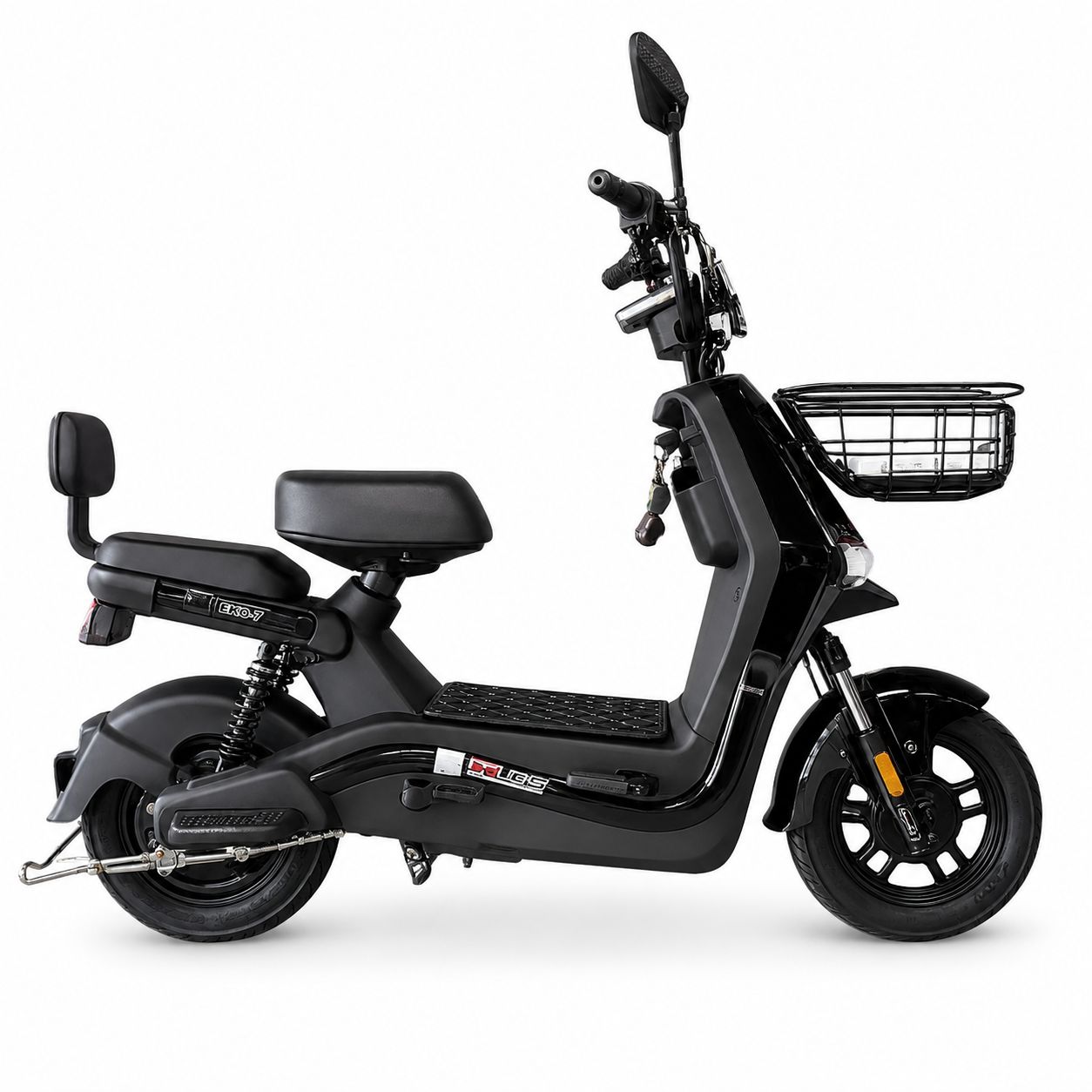 Bicicleta elétrica Duos Eko-7 800W na cor preta, vista lateral